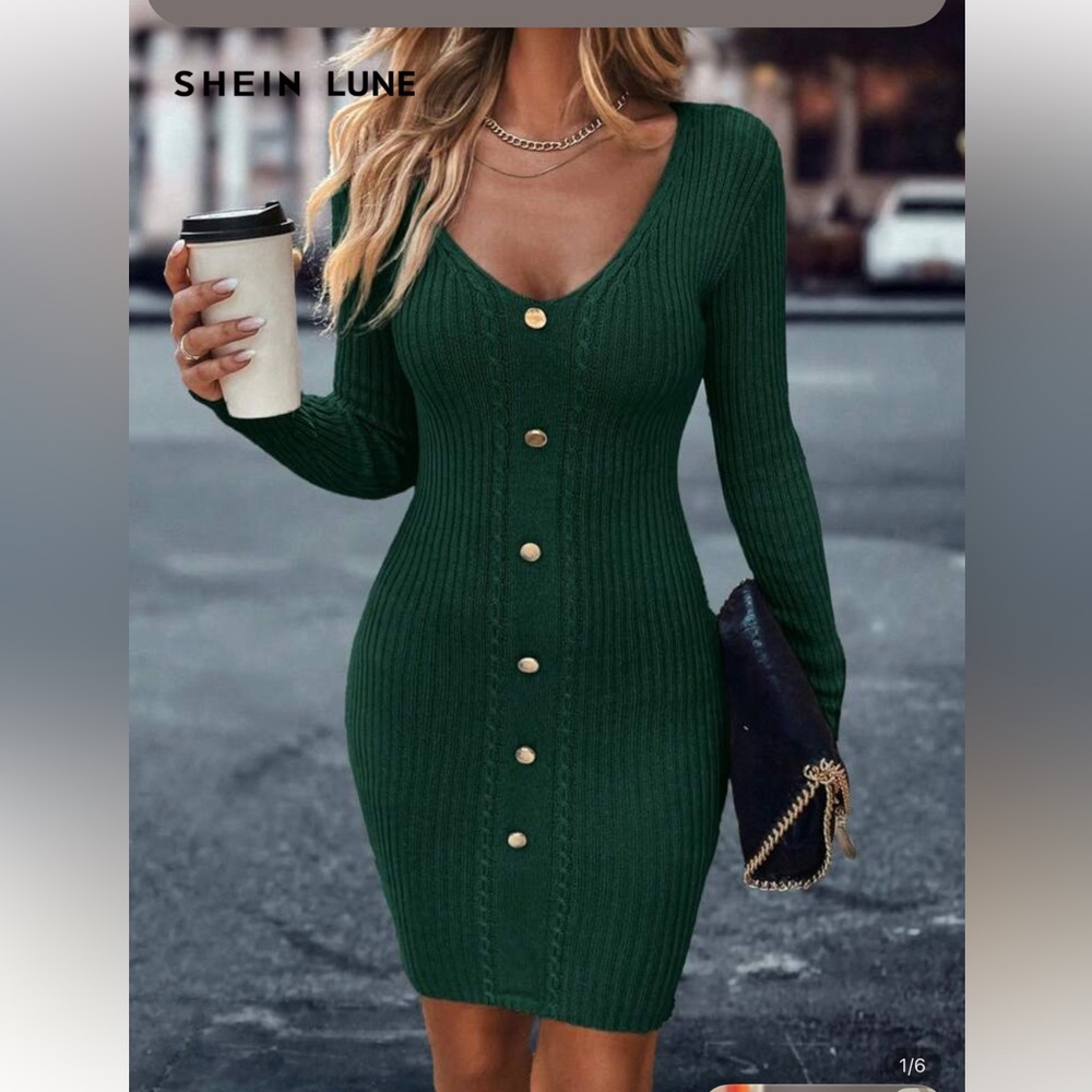 Sweater Green Faux Button-Up Knit Dress